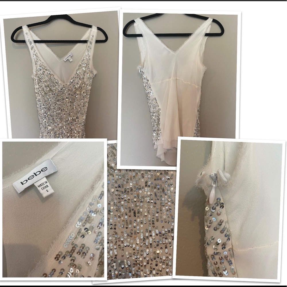 Bebe Silk Top with White With Silver Sequins